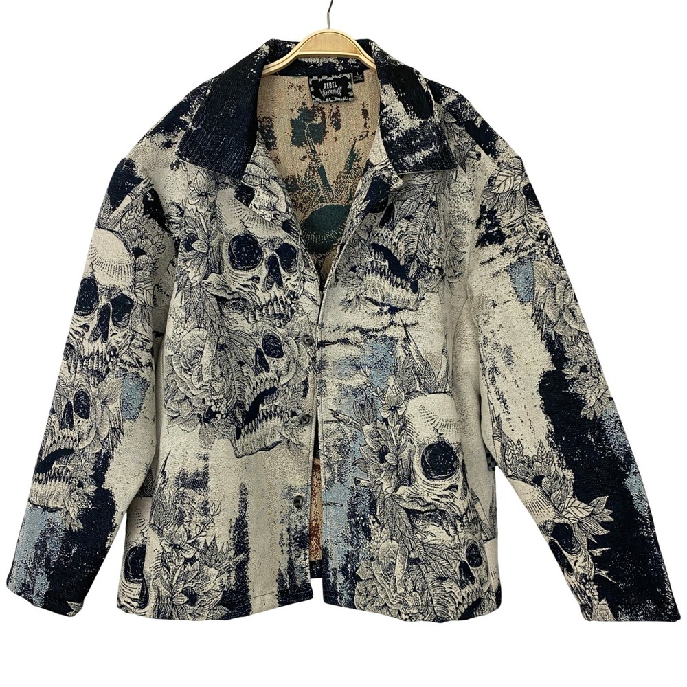 Rebel Vengeance Mens Gothic Skull Tapestry Jacket L Navy Skater Grunge Punk NWT